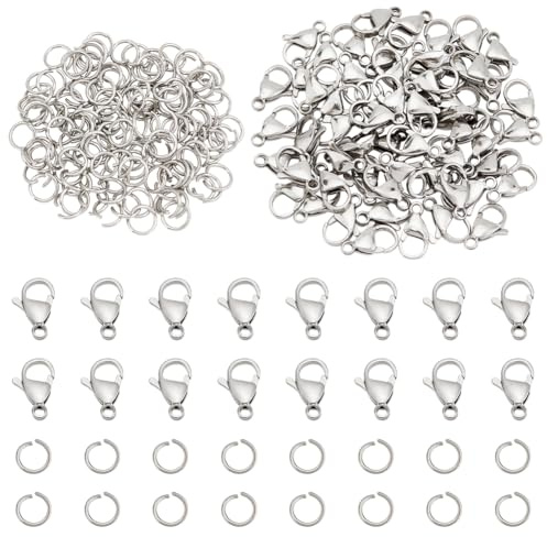 PandaHall 120 Stk. 6 mm 304 Edelstahl-Sprungringe Mit 60 Stk. Hummerkrallenverschlüsse Für Ohrringarmband Halskette Anhänger Schmuck DIY Basteln, Edelstahl Farbe