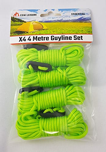 ESW LEISURE Guyline corde per tende da campeggio, resistenti, leggere, corde in paracord, con tenditore e linee di tenditore per pesca (verde Flourescent, 4 m, XL, 4 pezzi)
