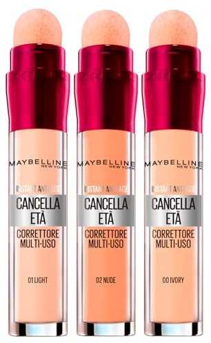 3x Maybelline New Tork Correttore Liquido il Cancella Età Colori 00 Ivory, 02 Nude e 01 Light con Bacche di Goji e Haloxyl