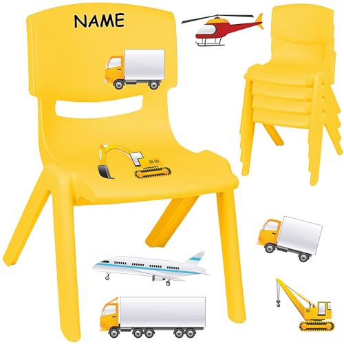 alles-meine.de GmbH Kinderstuhl/Stuhl - Motivwahl - gelb + Sticker - Auto & Fahrzeuge Baustelle - inkl. Name - Plastik - bis 100 kg belastbar/kippsicher - für INNEN & AUßEN -..