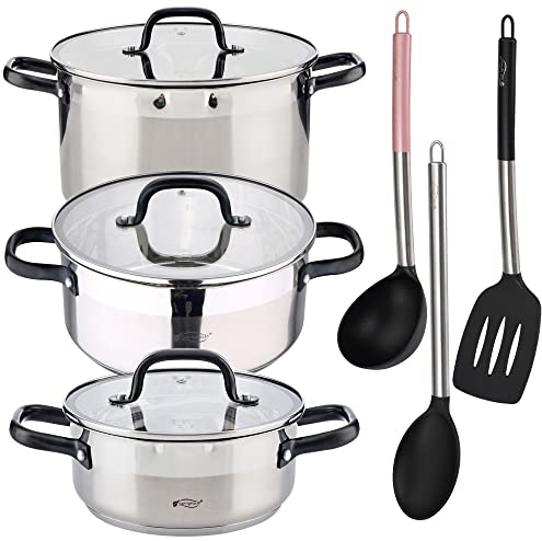 San Ignacio PACK DE 3 SARTENES + SET DE UTENSILIOS BÁSICOS DE COCINA, Negro/Cromado, PK4712
