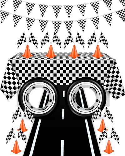 23 Pcs Race Car Birthday Party Supplies Include Racetrack Tablecloth, Checkered Pennant Banner, 12 Checkered Flags with Sticks, 8 Mini Orange Sports Safety Cones for Kids Racing Theme Party Decoration