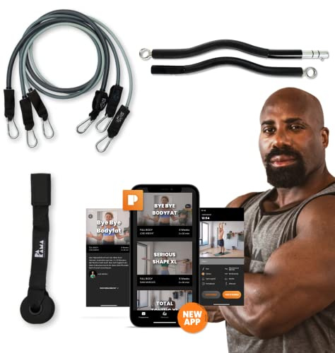 PAKAMA - Premium Widerstandsbänder Set inkl. SZ-Stange (Bar) für Home Workout & Krafttraining Zuhause (Blau) - Resistance Bands in 4,5kg, 6,8kg und 11,4kg - Fitness-Bänder für bis zu 80kg Widerstand