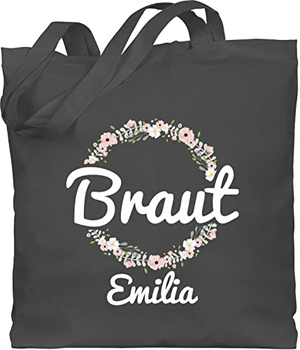 Baumwolltasche personalisiert Namen - JGA Junggesellenabschied - Braut mit Blumenkranz weiss - Unisize - Dunkelgrau - personalisierte tasche junggesellinnenabschied jungesellenabschied bride beutel