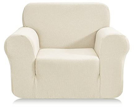 SAMSTEX Stylish 1 Seater Sofa Cover Stretch 1-Piece High Stretch Armchair Cover Machine Washable Non Slip Sofa Slipcovers Thick Soft Armchair Sofa Protector (1 Seater, Cream)