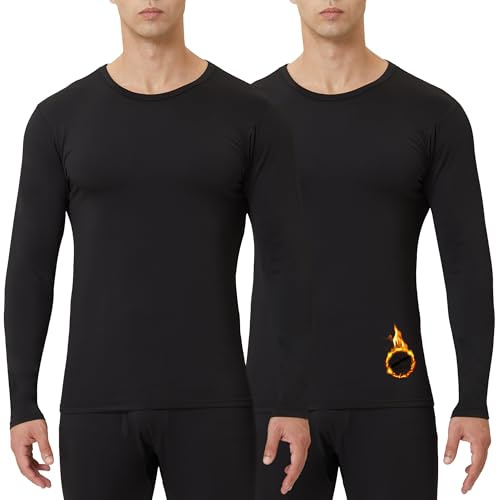 CL convallaria 2 or 4 Pack Mens Thermal Underwear Shirt Fleece Lined Base Layer Tops Cold Weather Athletic Sport Gear 2pc Black-Black M