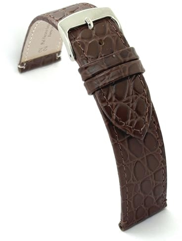 diloy Läderarmband för klassisk klocka – kohud med krokodiltryck med runda flingor – platt, klassisk stil, stålspänne – storlekar 12 mm 14 mm 16 mm 18 mm 20 mm 22 mm P209, Mörkbrun, 18mm, Ränder