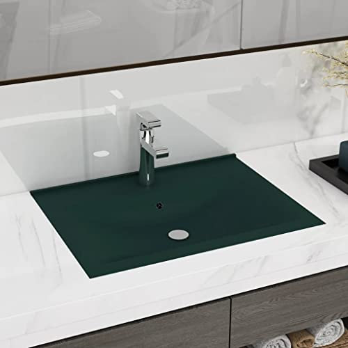 WIFESE Lavabo con Foro Rubinetto Verde Scuro Opaco 60x46x16 cm in Ceramica Mobile Sospeso Bagno Lavatoio Ceramica Lavabo Da Appoggio Lavabo Bagno Sospeso Lavandino Da Appoggio Lavabo Sospeso