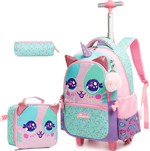 MYHSBYO Unicorn Roller Backpack with Wheels Set for Elementary Students Carry on Luggage Bookbag with Roller for Girls Kids