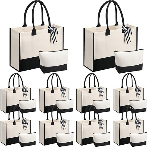 Sanwuta 20 PCS Canvas Tote Bag with Inner Zipper Pockets and Makeup Bag Bulk Christmas Birthday Teacher Appreciation Gifts for Women Bridesmaid Mother