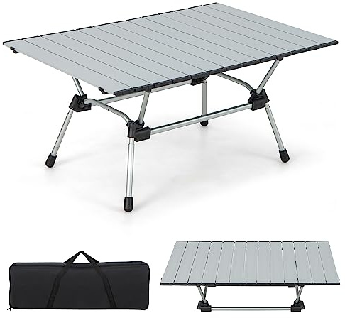 KOMFOTTEU Campingtisch klappbar, Klapptisch höhenverstellbar, Gartentisch mit aufrollbarer Tischplatte, Mehrzwecktisch mit Tragetasche, 90 x 60,5 x 52 cm (Silber)