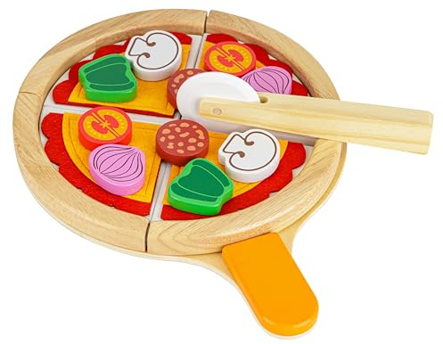 Baroni Toys Pizza-Schneidebrett aus Holz, Montessori-Spiel, Lernspiel aus Holz für Kinder, Pizza mit Pizzaschneider, Spielzeug für Kinder von 3 bis 7 Jahren, Spiel für die Zubereitung von Pizza