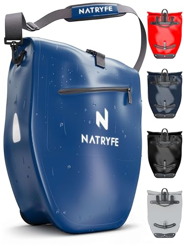 NATRYFE Alforja de bicicleta para portaequipajes, volumen de 28 l, 100% impermeable y robusta, con reflectores y correa para el hombro, sujeción firme en cualquier portaequipajes, bolsa ideal para