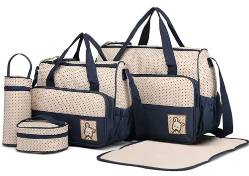 5er-Set Baby Wickeltasche Rucksack mit Multifunktions Babytasche Mama Wickelrucksäcke Baby Wickelumhängetaschen Handtasche Flaschenhalter mit Wickelunterlage für Reise (Marine)