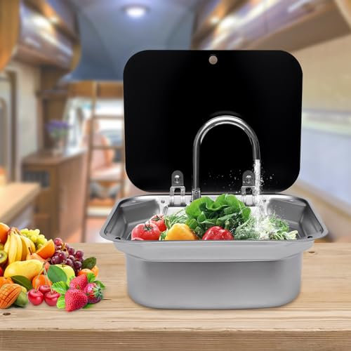 RV Handwaschbecken rechteckig mit Deckel, mit Wasserhahn Spülbecken Waschbecken Set, für kompatibel mit RV Wohnwagen Camper Küche Edelstahl 16.7 * 14.7 * 5.9in