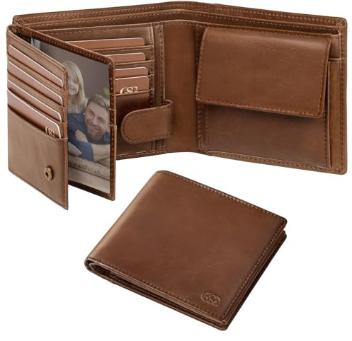 GSG SINCE 1998 Mens Leather Wallet with Coin Pocket, RFID Blocking Genuine Cowhide Bifold Wallet, Large Capacity with 17 Card Slots, 2 Large ID Windows, 2 Note Compartments, Brown
