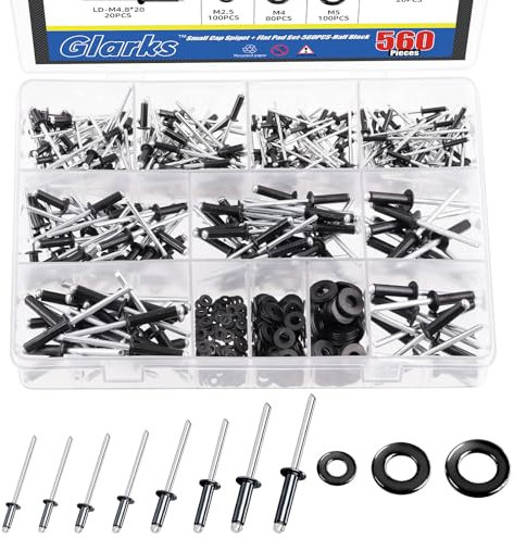Glarks 560Pcs Black Blind Rivet Fasteners Kit, 8 Size Aluminum Pop Rivets with 3 Sizes Backup Washers Assortment Kit for Aviation Automobile Furniture Use