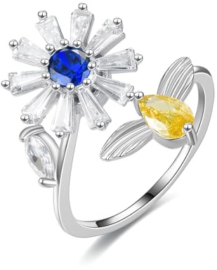 Anxiety Ring Spinner Ringe Damen Silber, Verstellbar Anti Stress Ring Mit Kristall Sterne und Mond Sonne Schmetterling für MäDchen Herren Geburtstags-Party-Geschenke,Stil F