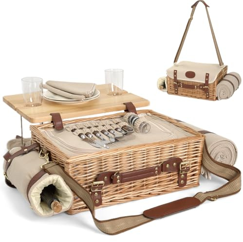 Multifunctional Wicker Picnic Basket Set for 2 with Blanket and Picnic Table, Insulated Picnic Set with Full Tablewares for Camping Outdoor Couples,Natural