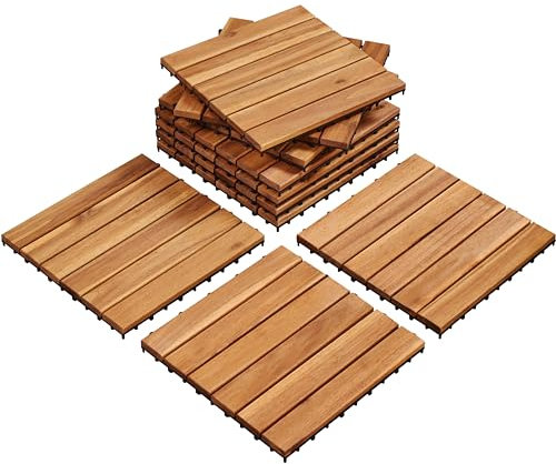 Yaheetech Holzfliesen Akazie 30x30 cm, 10er Set-0,96 m² Terrassenfliesen Balkonfliesen Klicksystem, Wetterfest Balkon Bodenbelag Gartenfliesen für Terrasse, Balkon & Garten, Holzfarbe