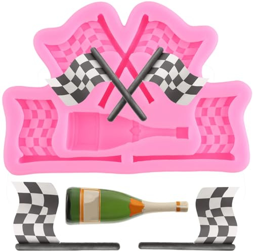 XMOLDNMS Racing Car Flag Silicone Mould Champagne Bottle Fondant Moulds for Cake Decorating Cupcake Topper Chocolate Gum Paste Candy Polymer Clay