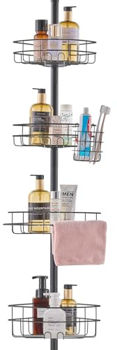 VEVOR Shower Corner Caddy Tension Pole, 42 to 114 High, Multi-Functional Shower Tension Pole with Strong Load-Bearing Tray, Rust-Proof Easy-to-Install Tension Pole, Fit for Bathroom & Washroom