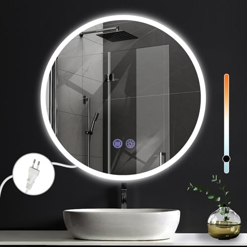Mursche Badezimmerspiegel mit Beleuchtung Badspiegel Rund - Runder IP44 60cm LED Spiegel mit Touch Dimmbar Mirror Beleuchtet Beschlagfrei Funktion Bad Rundspiegel mit Licht Kabel für Badezimmer