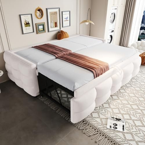 Dolamaní Polsterbett Bett 90/180x190cm mit Ausziehbett Gleiche Höhe, Einzelbett Ausziehbar zum Doppelbett, Teddy Samt Stoff (Beige)