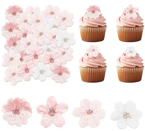 50PCS Dible Cherry Blossom Cupcake Toppers, Pink Cherry Flower Cake Toppers Flower Cake Decoration for Wedding Birthday Party