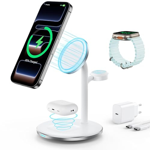 3 in 1 Induktive Ladestation für mehrere Geräte,15W Kabellos Ladestation,Wireless Charger Kompatibel mit Mag Safe Ladegerät für i-Phone 17 16 15 14 13 Pro Max,i-Watch 10/9/8,Air-Pods Weiß