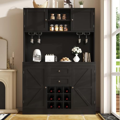 Lahoomu Küchenschrank mit verstellbaren Ablagen & Weinregal, Hochschrank Küchenbuffet mit 4 Türen & 2 Schubladen, Sideboard für Küche & Wohnzimmer, Buffetschrank, Schwarz