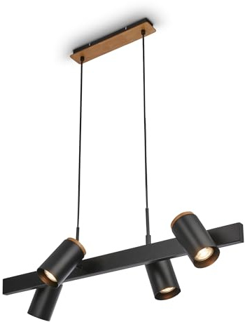 BRILONER - Pendelleuchte mit Spotköpfen, schwenkbar, 4x GU10 Fassung, Deckenlampe, Deckenleuchte, Hängelampe Esstisch, Küchenlampe hängend, Esszimmerlampe, 80x24,9x120 cm, Schwarz-Holz