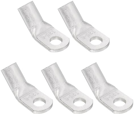 sourcing map 1 AWG - 1/4 Copper Wire Lugs, 45 Degree Bent Battery Cable Ends Battery Lugs Ring Terminals Connectors Bare Copper Eyelet for Marine Electrical Supplies (Silver, 5Pcs)