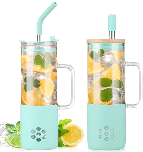 BLUEGO Tasse en verre de 600 ml avec 2 couvercles et poignée, joli gobelet en verre avec pailles et manchon en silicone, tasse à café glacé, gobelet à smoothie, gobelet réutilisable de 0,6 l, vert