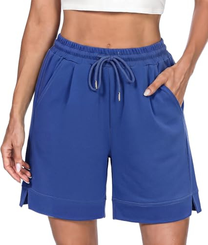Litherday Shorts Deportivos Mujer Verano Pantalón Corto con Bolsillos Cintura Elástica y Abertura Lateral Transpirable para Casa Running Yoga Azul Rey XL