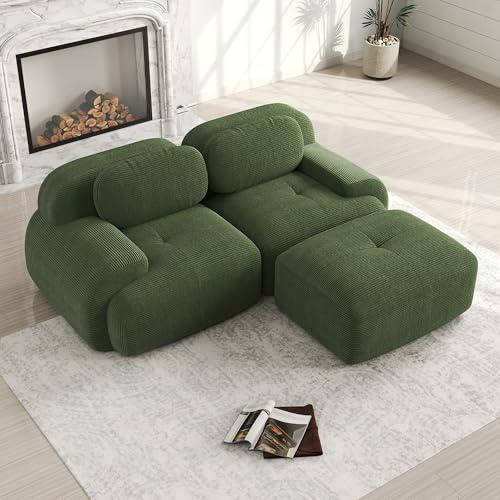 Bladez Sofá modular Loveseat de pana, moderno sofá de 2 plazas con reposabrazos curvos, parte inferior antideslizante, sin montaje, para salón, cojín de asiento de alta elasticidad (verde, 3 plazas)