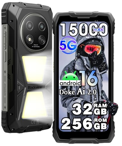 Blackview Rock 2 Pro 5G Outdoor Handy mit 400 lm Campinglampe, Android 16, 32GB+256GB/512GB TF, 6,67 HD+120Hz, 15000mAh Outdoor Smartphone, 16MP+13MP, Wasserdicht Smartphone IP69K/OTG/NFC/GPS/Schwarz