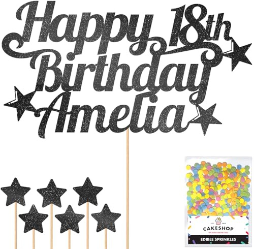 Cakeshop Personalised Happy Birthday Glitter Cake Topper - Black Any Name & Any Age Glitter Cake Decoration and Sprinkles - Happy Birthday Decorations - Custom Toppers for Cakes