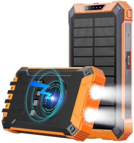 GOODaaa Solar Powerbank 26800mAh mit 4 integrierten Kabeln, Wireless Charging und 15W Schnellladung, lädt bis zu 6 Geräte gleichzeitig, wasserdicht für Camping, Reisen und Notfälle