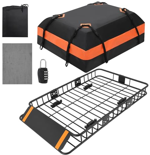 GarveeMore Dachgepäckträger Korb mit Tasche, Auto Dachbox Universal bis | 90 KG Tragkraft, Einfache Montage und Geräuscharm, für Gepäck Fahrrad Kajak Surfbrett Ski