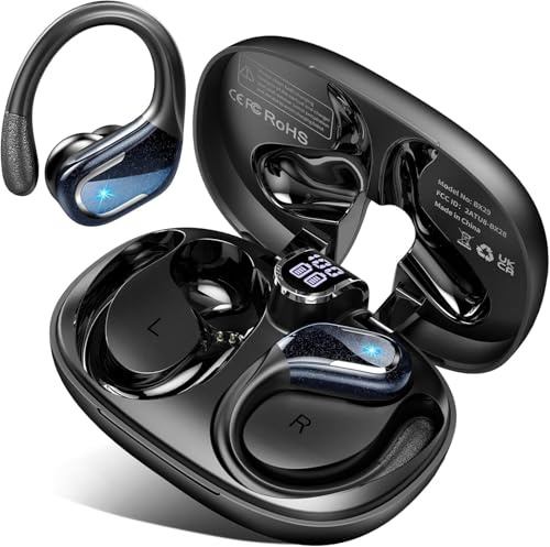 Cuffie Bluetooth 5.4 Sport, Auricolari Bluetooth 75 Ore HiFi Stereo,Cuffie Wireless Impermeabili IPX8,4 ENC Cancellazione Rumore Mic,Con Display a LED, Headphones Per Corsa e Sport Estremi, USB-C