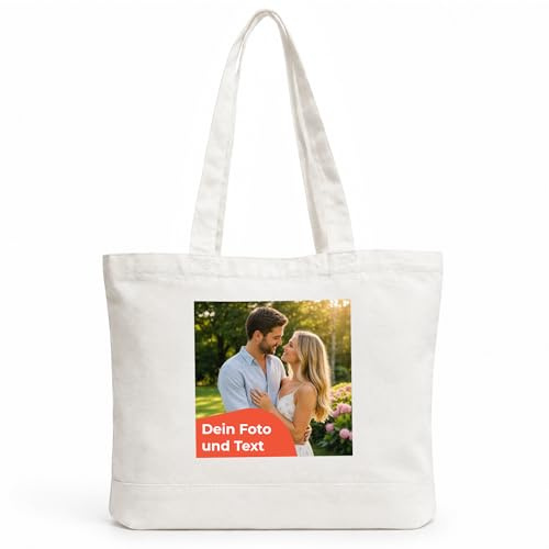 Cimpress Personalisierte Baumwolltaschen, 47 x 38 cm, Naturfarbe/Schwarz | Eigenes Foto, Logo oder Text hinzufügen, beidseitig bedruckbar, ideal für Fotogeschenke, Alltag, Einzelhandel und Events