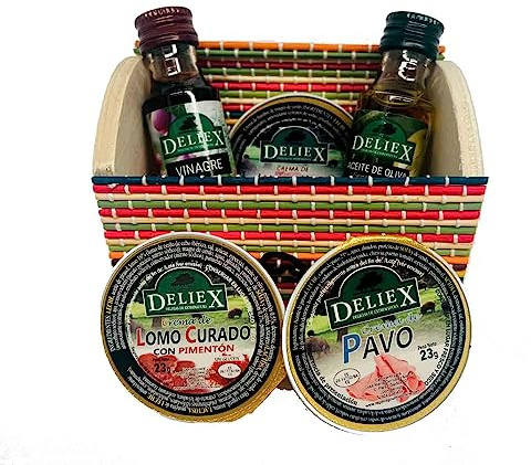 Regalo para bodas con miniaturas de Aceite de Oliva, vinagre y 3 monodosis de paté, sabor jamón york, lomo curado y pavo, en baúl de colores. Regalo original.