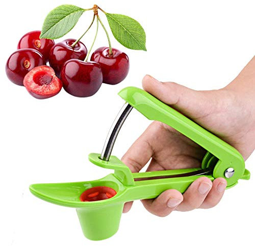 Dénoyauteur à Cerises, Vievogue Olive de graines dissolvant inoxydable avec tige et qualité alimentaire en silicone souple support, Cerise d'Olive pour faire la confiture cuisson (Vert)