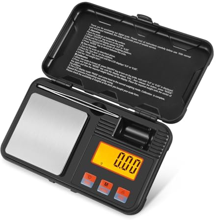 Flexzion Bilancia digitale tascabile di precisione 200 g/0,01 g, mini cucina portatile da viaggio, once carate, con pinzetta, luce LCD, peso di calibrazione, 6 unità, tara, acciaio inox