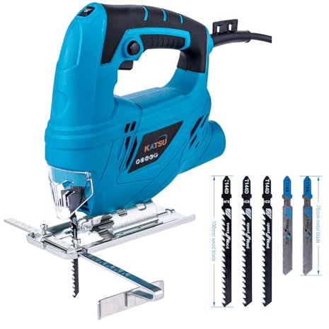 Seghetto Alternativo, KATSU 400W Seghetto Elettrico con 5 Lame, 0~3000 RPM, Angolo Regolabile ± 45°, Velocità Variabile, per Taglio di Plastica Legno Acciaio (Budget)