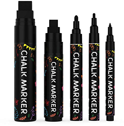 5 Black Chalkboard Chalk Markers - Black Dry Erase Markers for Blackboard, Chalkboard Signs, Windows, Glass | Variety Pack - Fine & Jumbo Size Ink Pen (1mm, 3mm, 6mm, 10mm, 15mm)