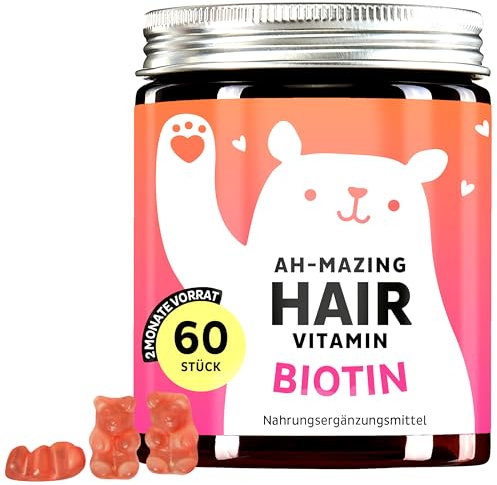Biotin Gummies Ah-mazing Hair Vitamins für Haare, Haut und Nägel – 5000 µg Biotin, Zink, Vitamine B6, C, E, Folsäure & Jod – 60 Stück (2-Monatsvorrat), Vegan, Bears with Benefits