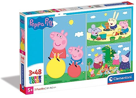 Clementoni 25263 Supercolor Peppa Pig – Puzzle 3 x 48 Teile ab 5 Jahren, buntes Kinderpuzzle mit besonderer Leuchtkraft & Farbintensität, Geschicklichkeitsspiel für Kinder