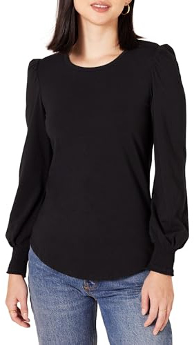 Amazon Essentials T-Shirt Ras Du Cou à Manches Longues et Poignets Smockés Femme, Noir, L